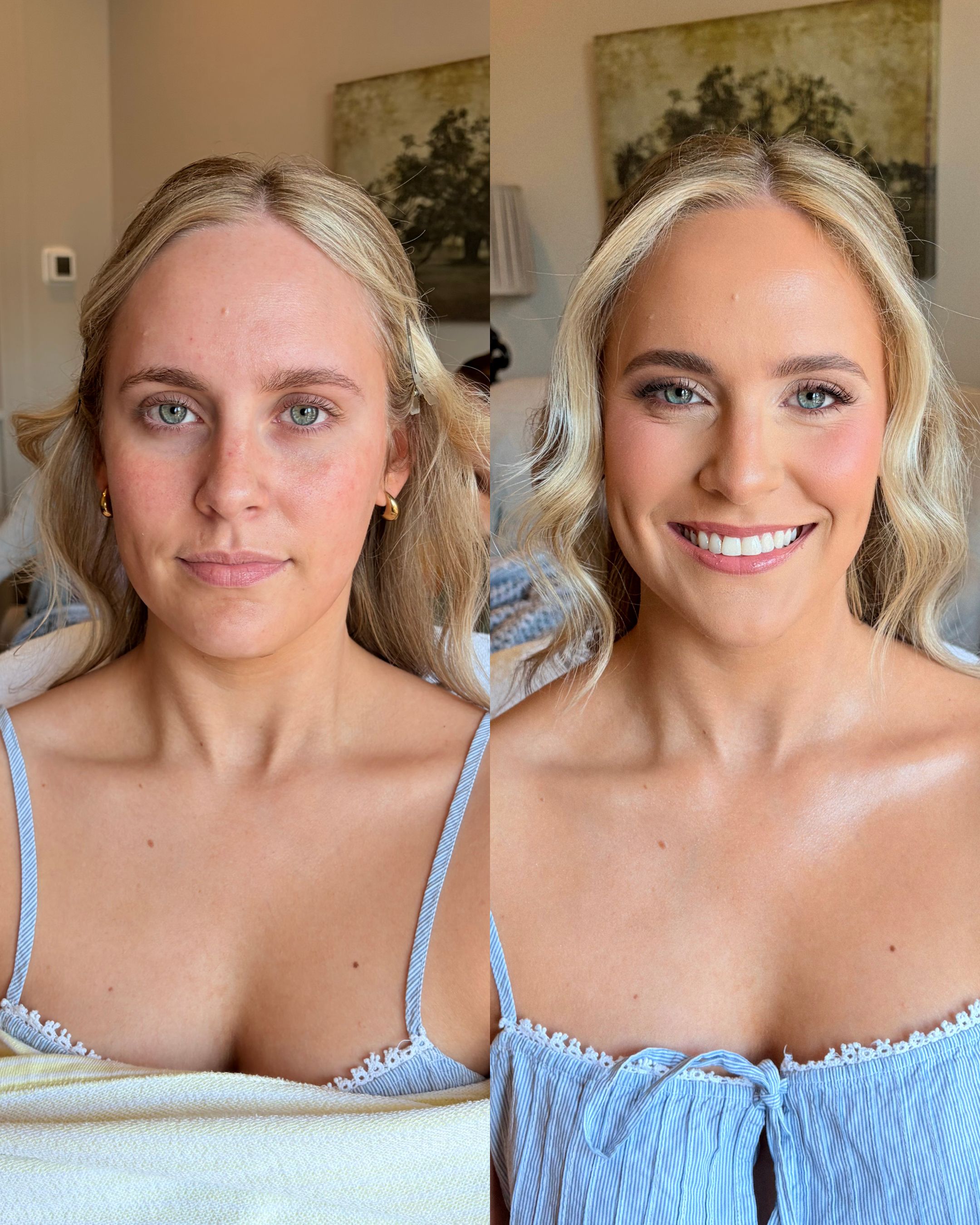 Before and after of a blonde client: bare skin, then soft glam makeup and a bright smile