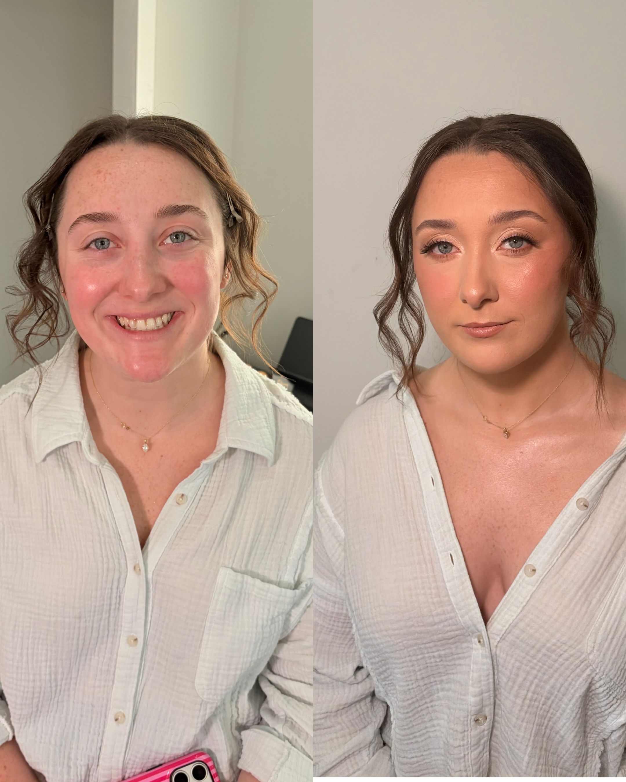 Before and after of a client with curled tendrils: bare skin, then bronzed soft glam makeup